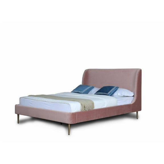 Manhattan Comfort Heather Velvet Queen Size Bed Frame in Blush Pink/Gold