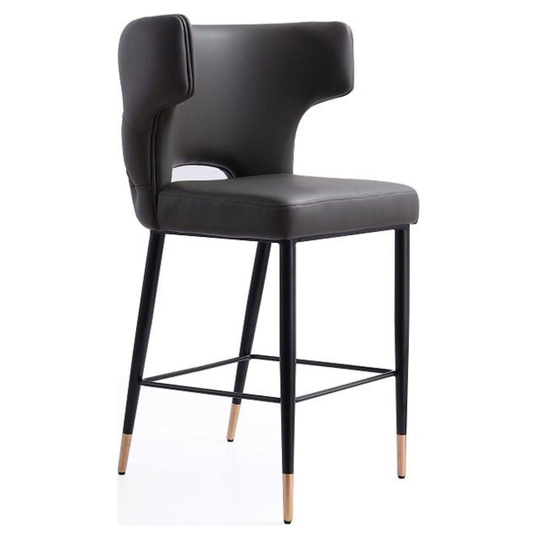 Gray Leather and Ash Wood Counter Stool with Gold Trim