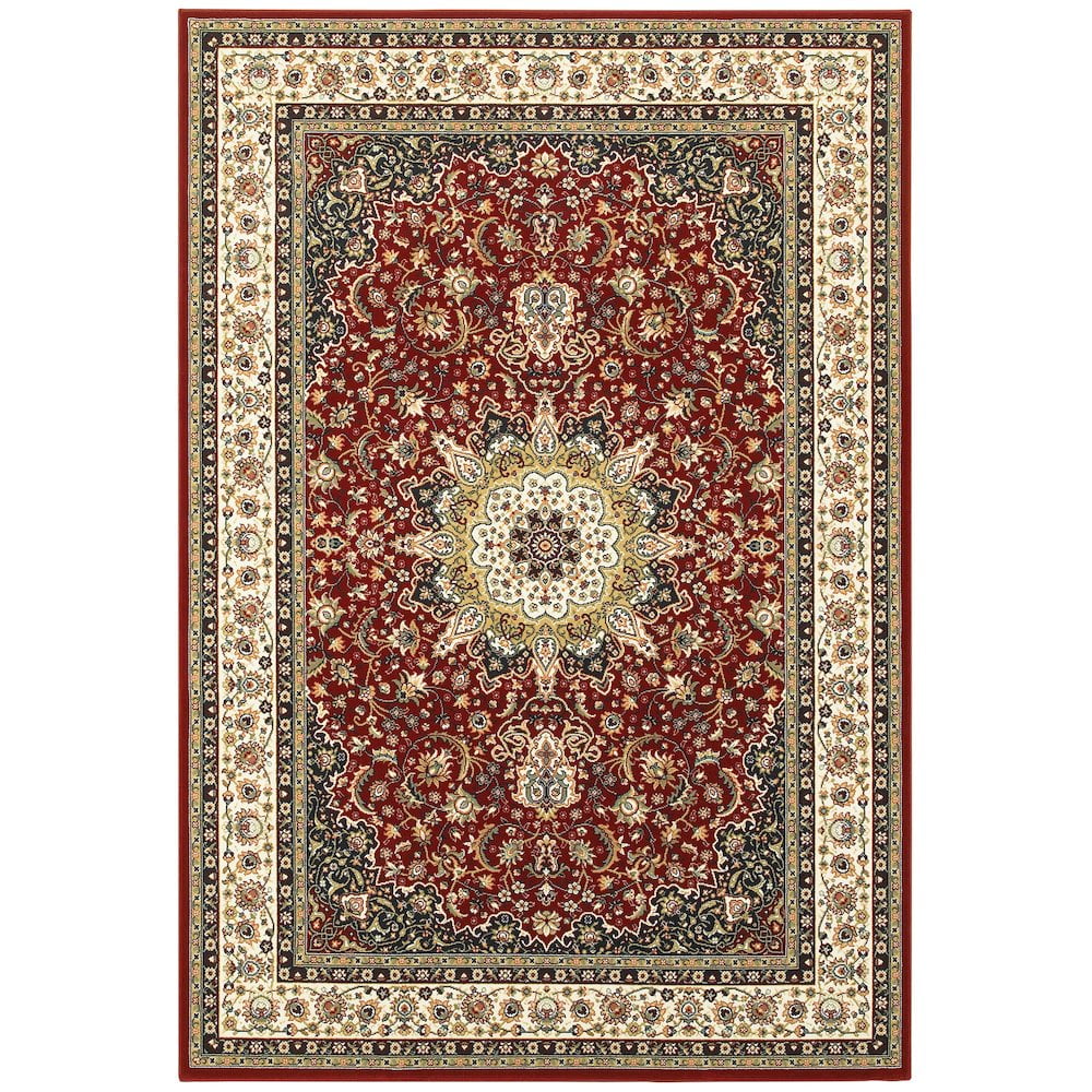 Kashan Red and Ivory Rectangular Synthetic Area Rug
