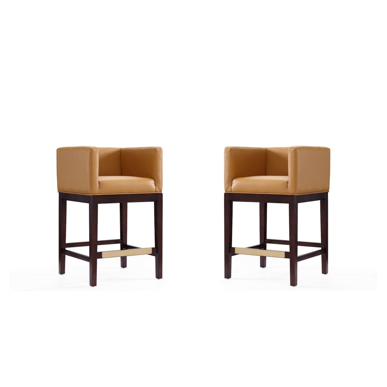 Set of 2 Camel Faux Leather and Walnut Wood Counter Stools