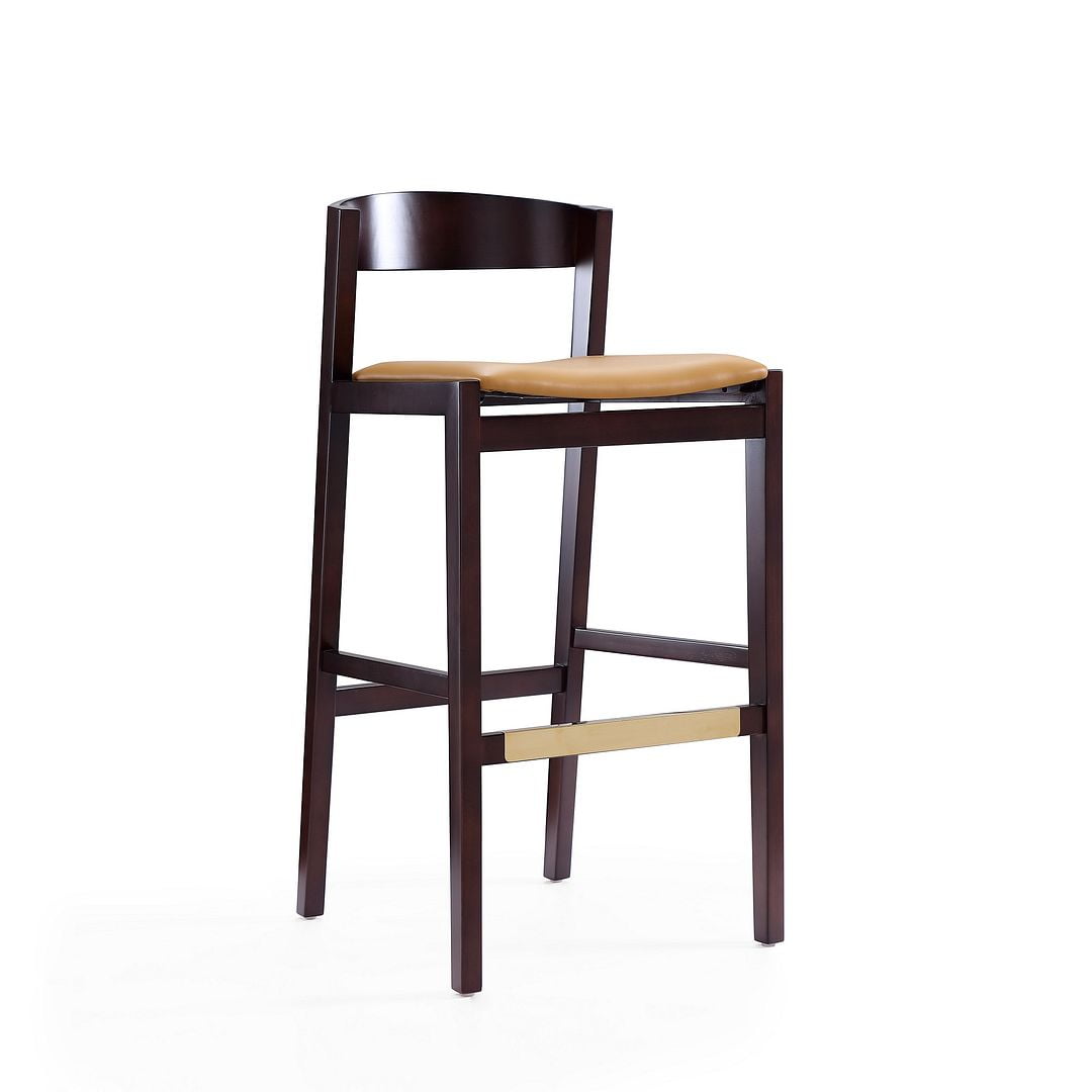 Camel Faux Leather and Dark Walnut Beech Wood Barstool