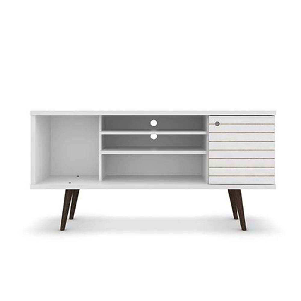 White Mid-Century Modern TV Stand with Cabinet and Shelves