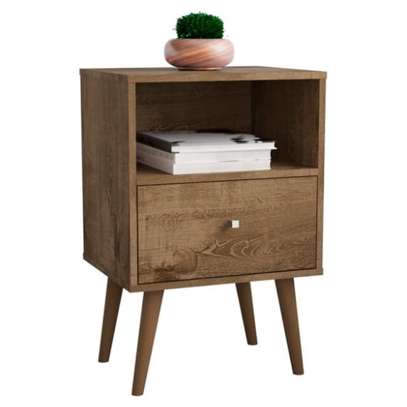 Manhattan Comfort Liberty Mid Century - Modern Nightstand 1.0 with 1 Cubby Space and 1 Drawer in Rustic Brown