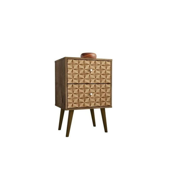 Manhattan Comfort Liberty Mid Century - Modern Nightstand 2.0 with 2 Full Extension Drawers in Rustic Brown and 3D Brown Prints
