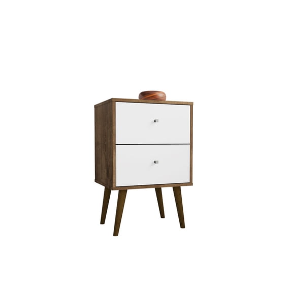 Manhattan Comfort Liberty Mid Century - Modern Nightstand 2.0 with 2 Full Extension Drawers in Rustic Brown and White