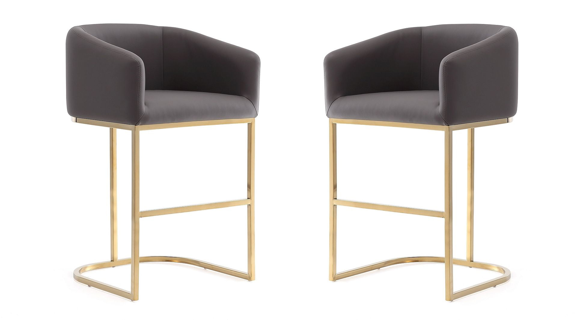 Set of 2 Gray Faux Leather and Gold Metal Counter Stools