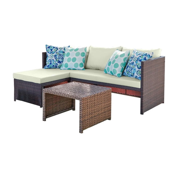 Manhattan Comfort Menton Steel Rattan 2-Piece Chair Lounge and 2 Seater with Coffee Table Patio Set in Cream
