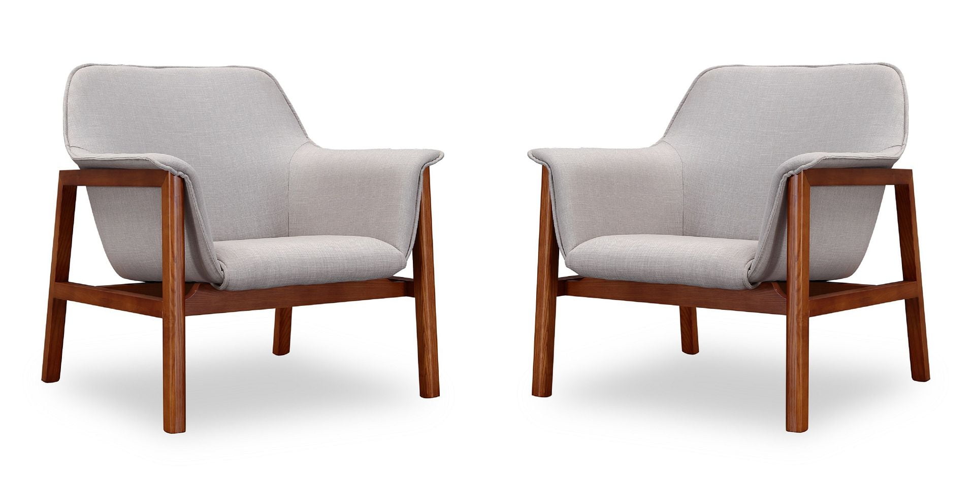 Mid Century Grey Linen & Walnut Wood Accent Chair Set