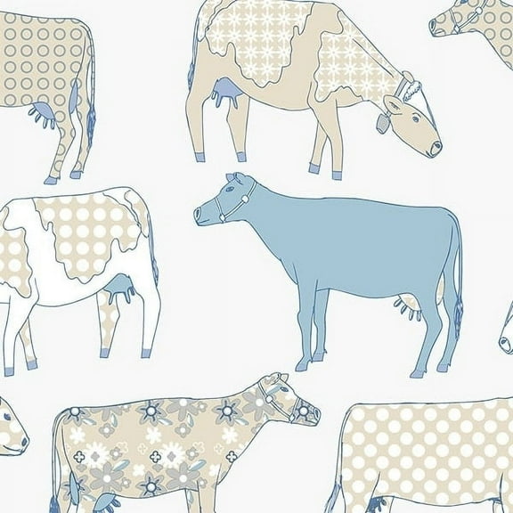 Manhattan Comfort Petersburg 32.7 Ft. x 20.5 In. Vinyl Blue Cows Floral Toile Wallpaper Covering