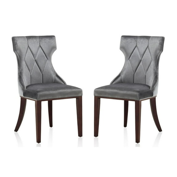 Manhattan Comfort Reine 18.5" Velvet Dining Chair in Gray/Walnut (Set of 2)