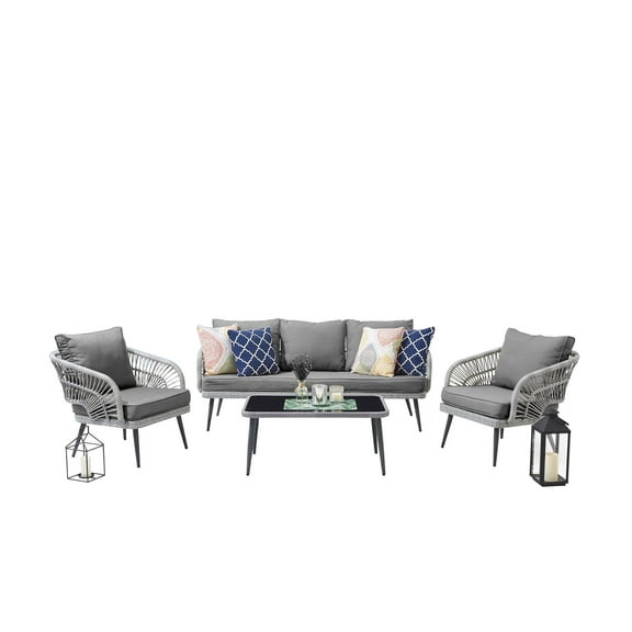 Manhattan Comfort Riviera 4-Piece 5-Seat Rattan Patio Conversation Set in Gray