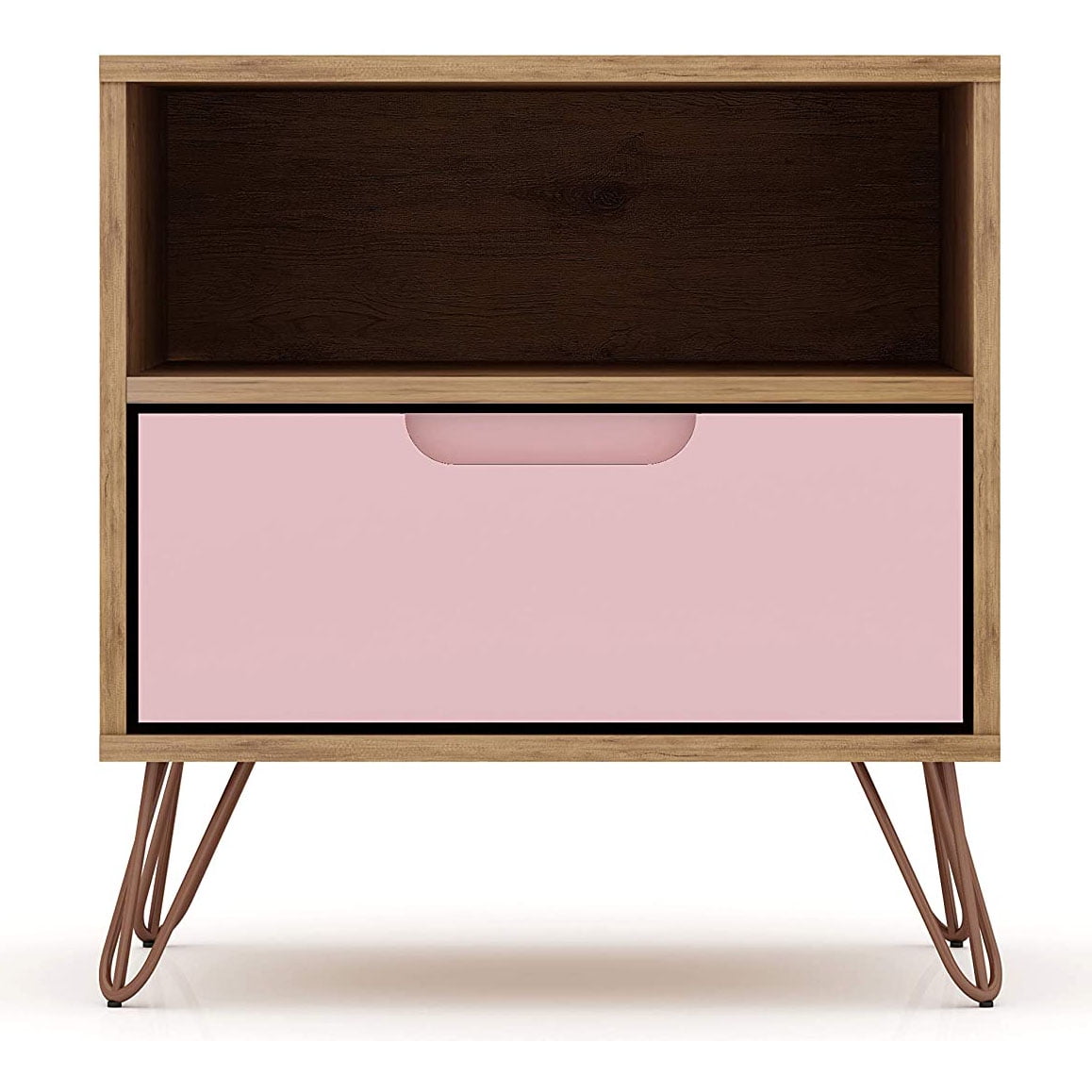 Mid-Century Modern Pink and Wood Nightstand with Hairpin Legs