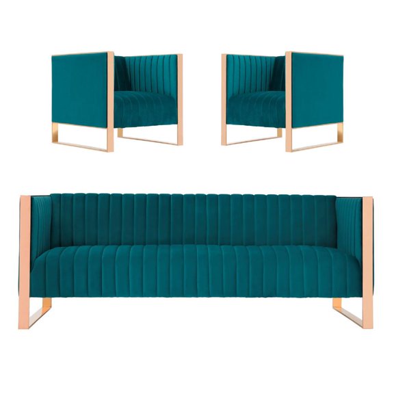 Manhattan Comfort Trillium 3-Piece Velvet Sofa & Armchair Set in Teal Blue
