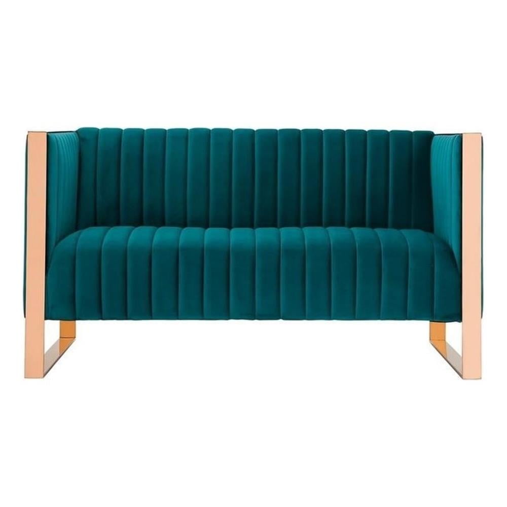 Teal Velvet Tufted Loveseat with Gold Metal Frame