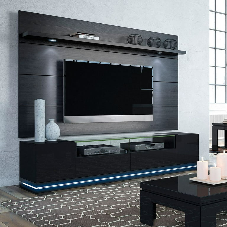 Manhattan Comfort Vanderbilt TV Stand and Cabrini 2.2 Floating Wall TV Panel with LED Lights in Black Gloss and Black Matte