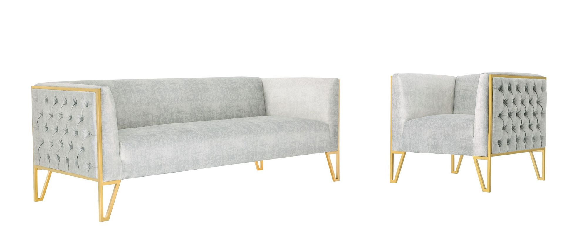 Gray Velvet Sofa and Armchair Set with Brass Frame