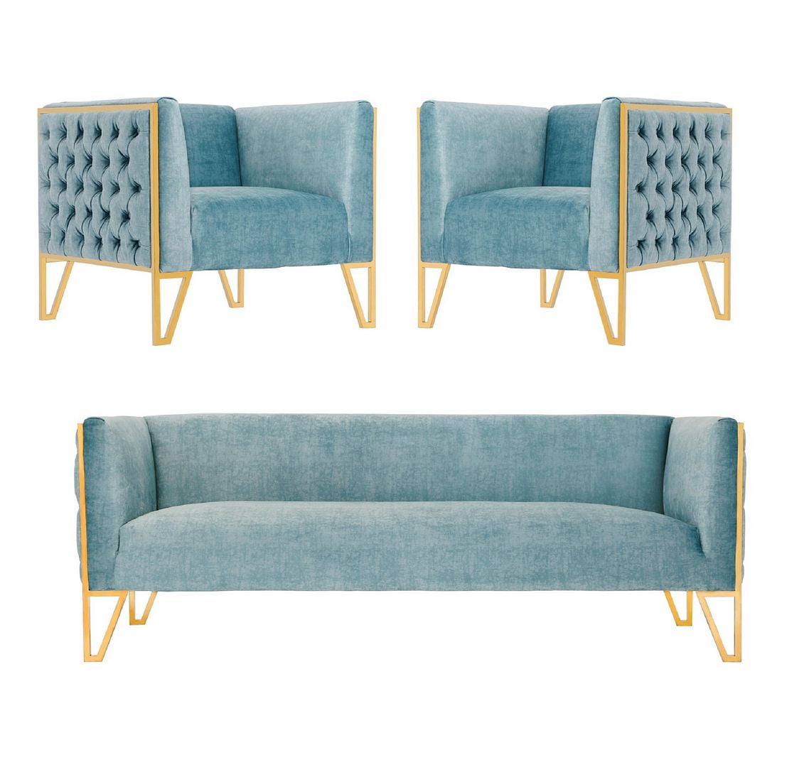 Ocean Blue Velvet Sofa and Armchair Set with Gold Legs