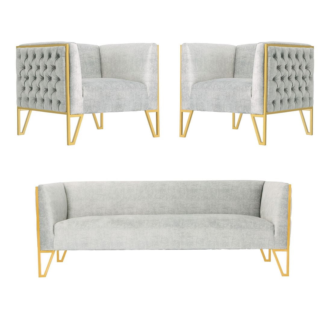 Gray Velvet and Gold 3-Piece Sofa and Armchair Set