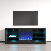 MEBLE FURNITURE Manhattan Fireplace TV Stand for TVs up to 65", Modern High Gloss 58" Entertainment Center, Electric Fireplace TV Media Console with Storage Cabinets and LED Lights