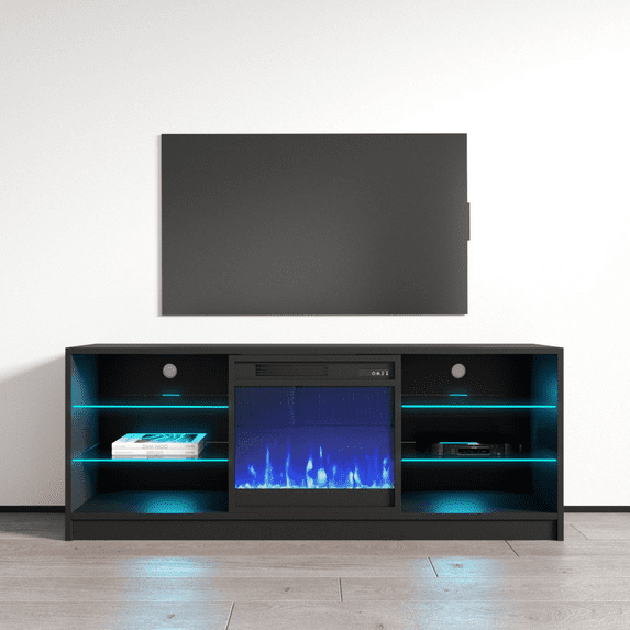 Manhattan Fireplace TV Stand for TVs up to 65", Modern High Gloss 58" Entertainment Center, Electric Fireplace TV Media Console with Storage Cabinets and LED Lights