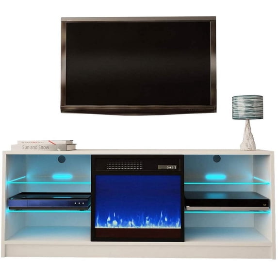 Manhattan Fireplace TV Stand for TVs up to 65", Modern High Gloss 58" Entertainment Center, Electric Fireplace TV Media Console with Storage Cabinets and LED Lights