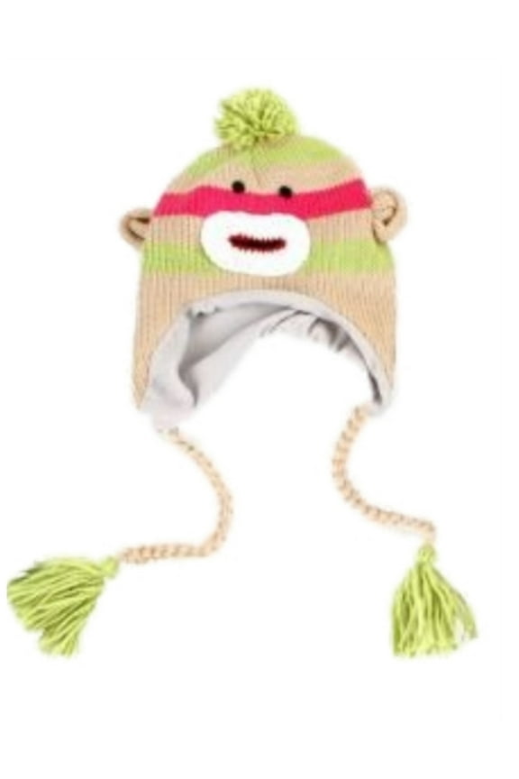 Company Womens Green Striped Sock Monkey Pom Trapper Hat