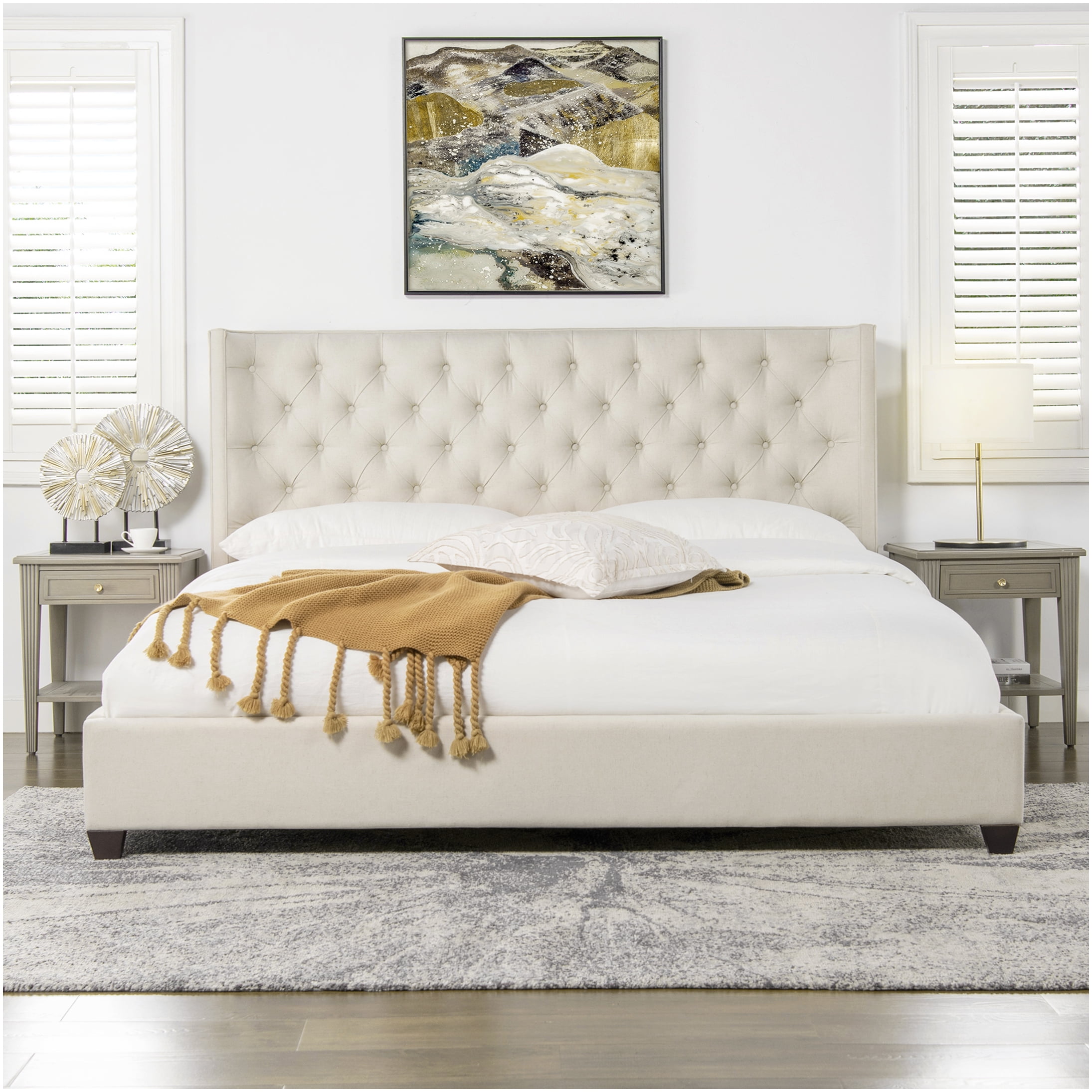 Manhattan King Size Upholstered Bed Frame with Wingback Headboard, Light Beige Fabric, No Box Spring Required Platform Bed