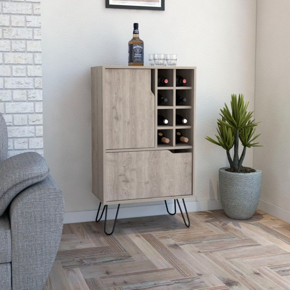 TUHOME Manhattan Bar Cabinet, 8 Wine Cubbies, Stemware Rack, 2 Doors, Engineered Wood Liquor Cabinet, Light Gray