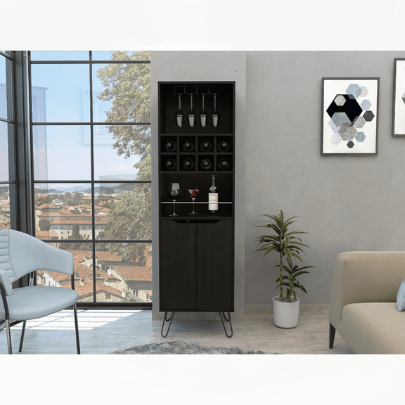 Manhattan L-Shape Bar Cabinet with 8 Wine Racks & 2 Single-Door Cabinets - Black