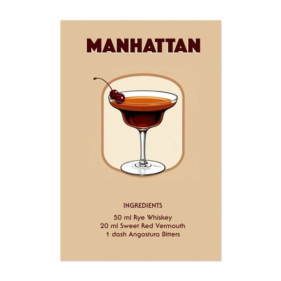 Manhattan - Manhattan New York Illustration Cocktail Vintage Bar Typography Kitchen Decor Retro Mid-Century Modern Unframed Wall Art Print 4 x 6 inches