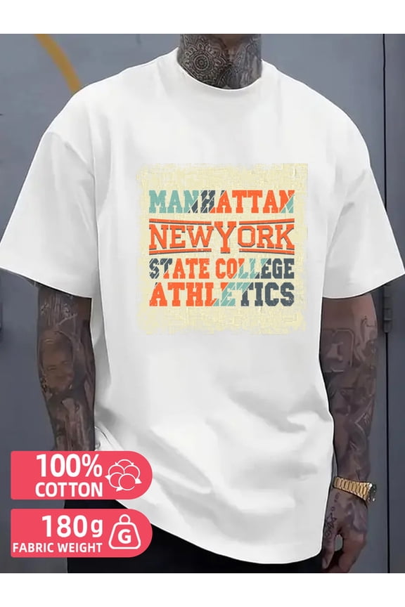 Manhattan NY State College men's white 180G 100% Cotton spring and summer clothing Retro Unisex Shirt Graphic tshirts Vintage Unisex Shirt Cotton tshirts