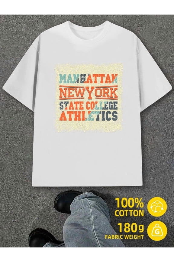 Manhattan NY State College for men white 180G 100% Cotton Soft and comfortable Classic Unisex Shirt Crewneck tshirts Retro Unisex Shirt Short Sleeve tshirts