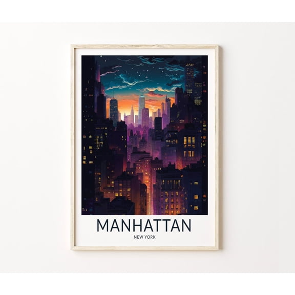 Manhattan New York City Skyline Night Wall Art, Stretched Canvas 16x20in