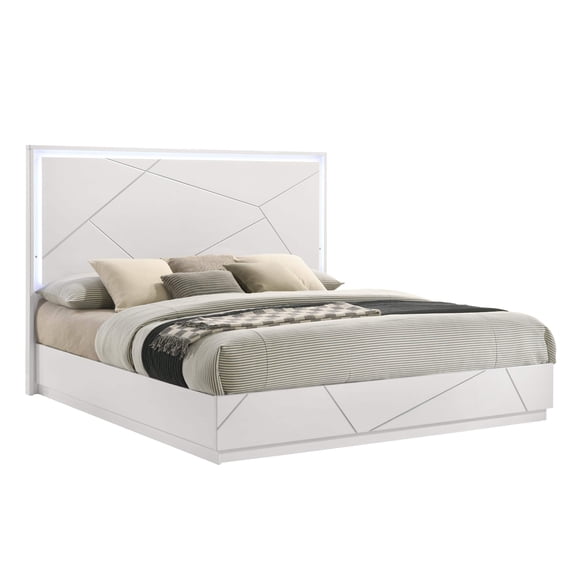 Manhattan Queen Bed C Contemporary Geometric Design with LED Lighting High-Gloss Lacquer Finish, Durable Minimalist Style for Modern Bedrooms
