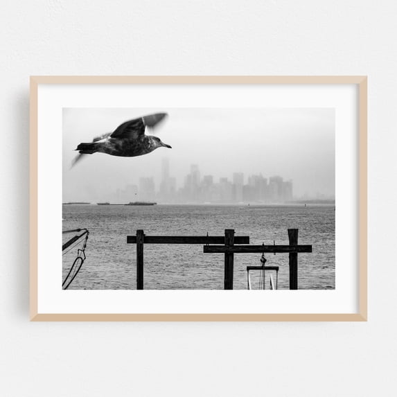 The Manhattan Skyline on a Gloomy Day - Staten Island New York Photography Cityscape Bird Skyline Black and White Seascape Moody Foggy Oak Framed Wall Art Print 16 x 24 inches