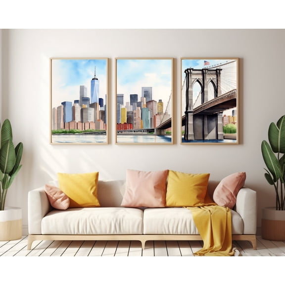 Manhattan Skyline NYC Wall Art Freedom Tower Cityscape Brooklyn Bridge Decor New York Travel Artwork Set 3 Unframed Paper Print