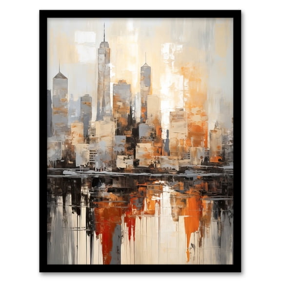 Manhattan Skyline Oil Painting By M Hinge Geometric Heavy Palette Knife NYC Skyscraper Artwork Art Print Framed Poster Wall Decor 12x16 inch