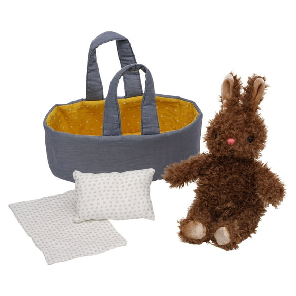 Manhattan Toy Moppettes Beau Bunny Stuffed Animal Nurturing Playset with Bunny Plush Toy, Fabric Bassinet, Blanket & Pillow