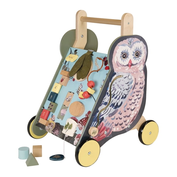 Manhattan Toy Wildwoods Owl Wooden Push Cart with Shape Sorter and Basket, Serrated Oval, Spinners, Bead Run and More