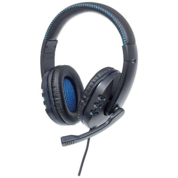 Manhattan USB Gaming Headset, Black & Blue, Retractable Mic, Audio Control, LEDs