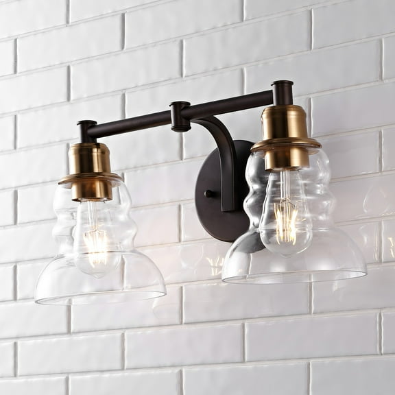 JONATHAN Y Manhattan Vintage 18.5" 2-Light Metal/Glass Industrial Rustic LED Vanity, Brass Gold/Oil Rubbed Bronze