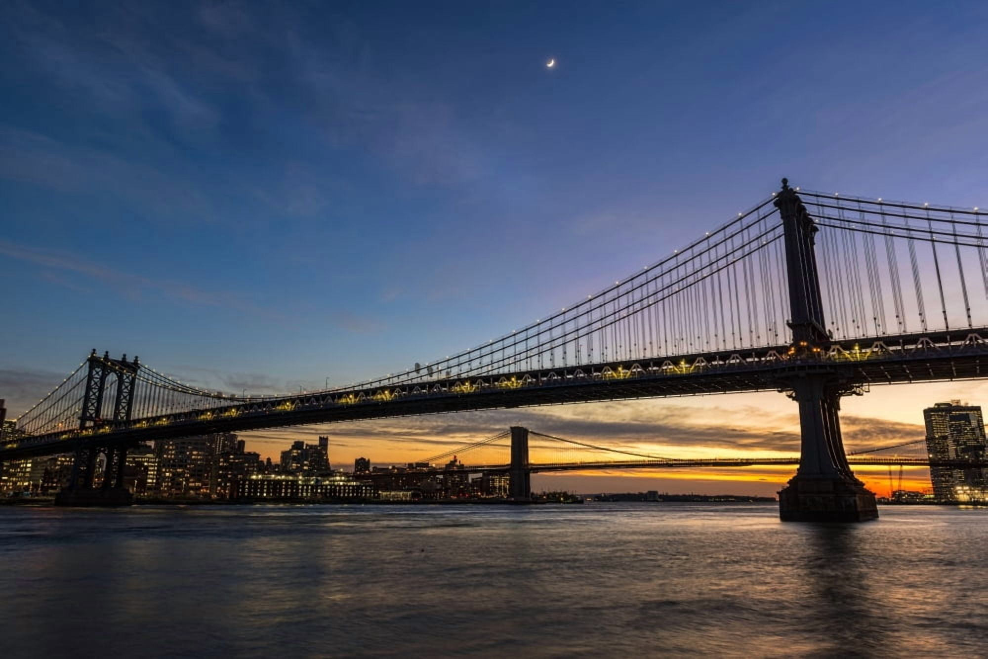 Manhattan and Brooklyn Bridges at twilight New York City New York United States of America Canvas Art - F M Kearney Design Pics (38 x 24)