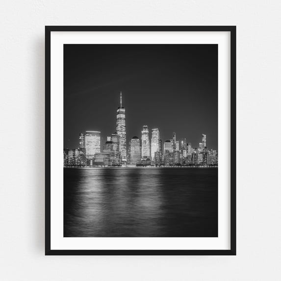 Manhattan from Jersey City B&W - Jersey City New Jersey Photography Black Framed Wall Art Print 30 x 40 inches