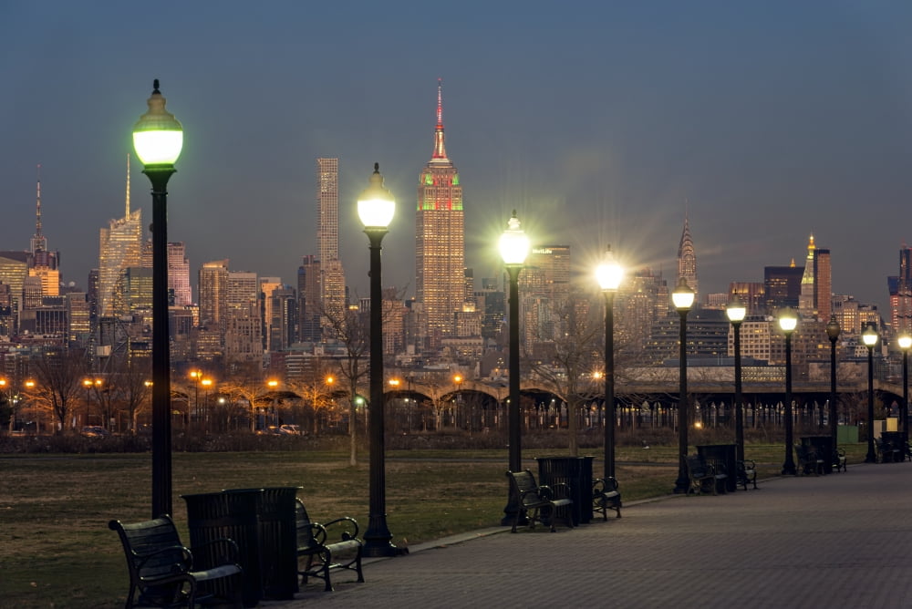 Manhattan skyline at twilight Liberty State Park Jersey City New Jersey United States of America Canvas Art - F M Kearney Design Pics (19 x 12)