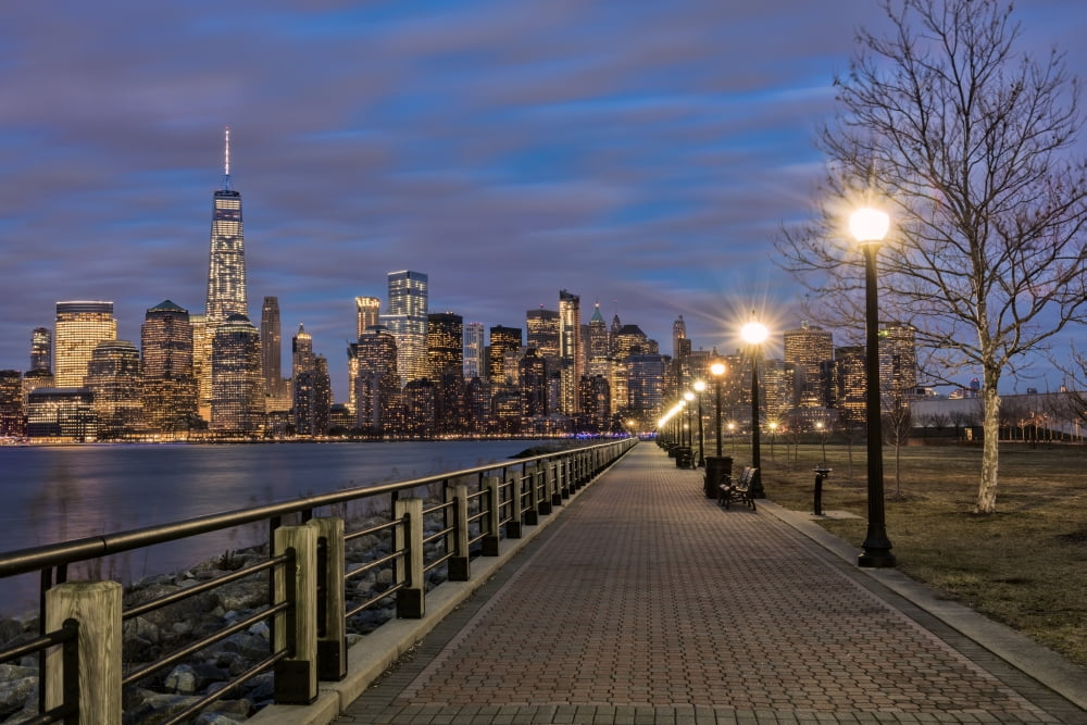 Manhattan skyline at twilight Liberty State Park Jersey City New Jersey United States of America Canvas Art - F M Kearney Design Pics (19 x 12)