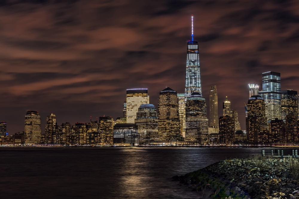 Manhattan skyline at twilight Liberty State Park Jersey City New Jersey United States of America Canvas Art - F M Kearney Design Pics (38 x 24)