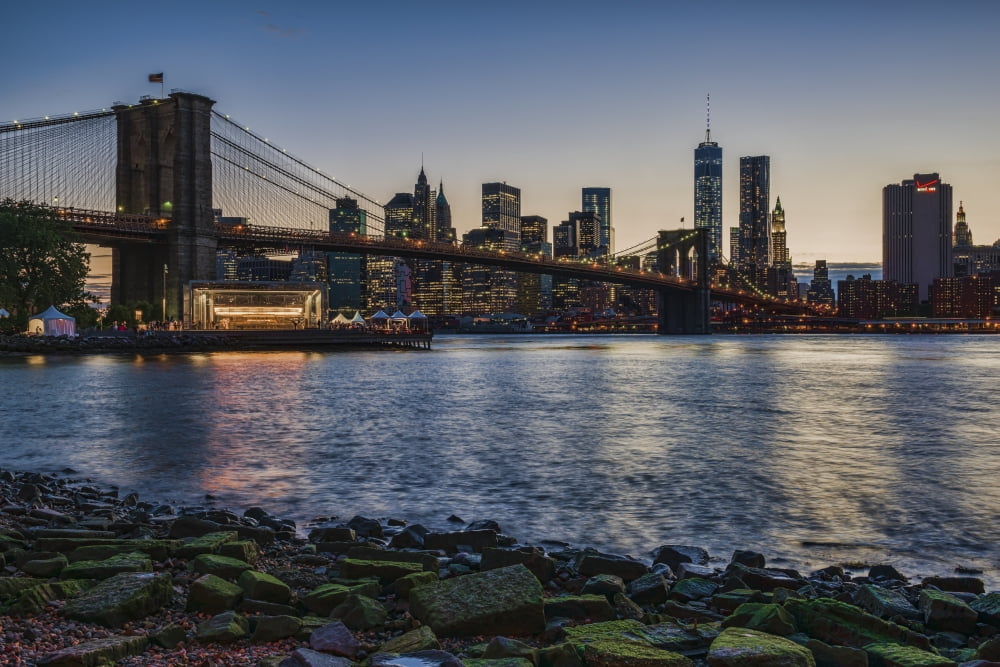 Manhattan skyline at twilight with Brooklyn Bridge Brooklyn Bridge Park Brooklyn New York City New York United States of America Canvas Art - F M Kearney Design Pics (18 x 12)