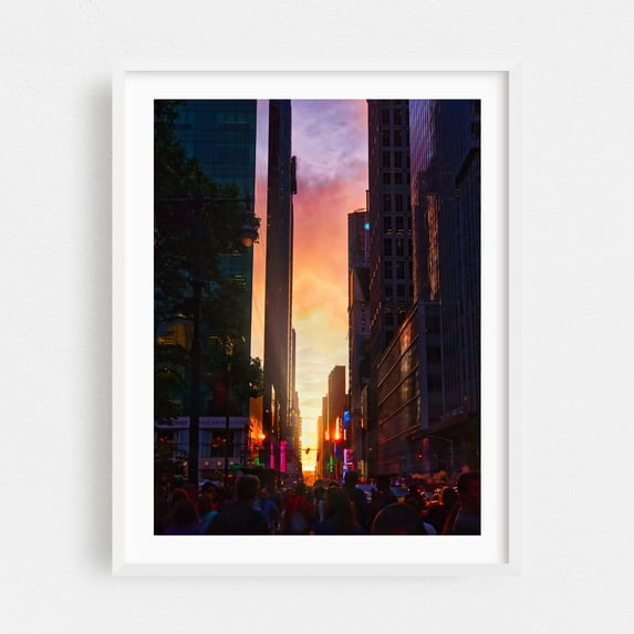 Manhattanhenge - Manhattan New York Photography Cityscape Sunset Skyline Neon Sign Street Photography Architecture Nightlife White Framed Wall Art Print 9 x 12 inches