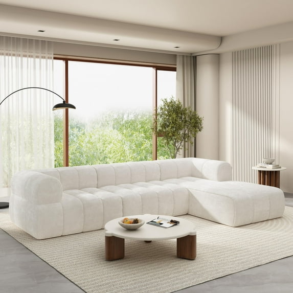 Mania 122" Modular L-Shape Sofa Couch with Chaise Lounge, Modern Sectional Sofa Set for Living Room, Boucle Fabric Upholstered Cloud Couch with Deep Seat, Milky White