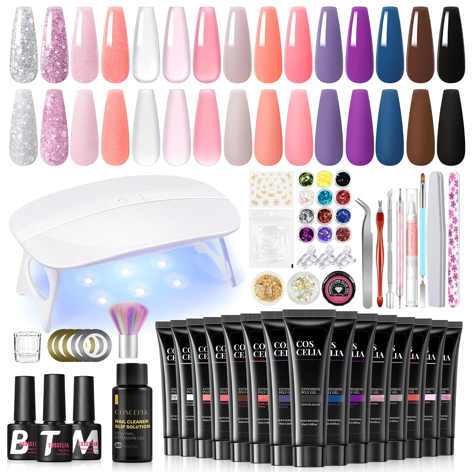 Manicure Kits with 6W Nail Lamp 15PCS Poly Extension Gel and Slip Solution Base Top Coat Nail Art Design Tools